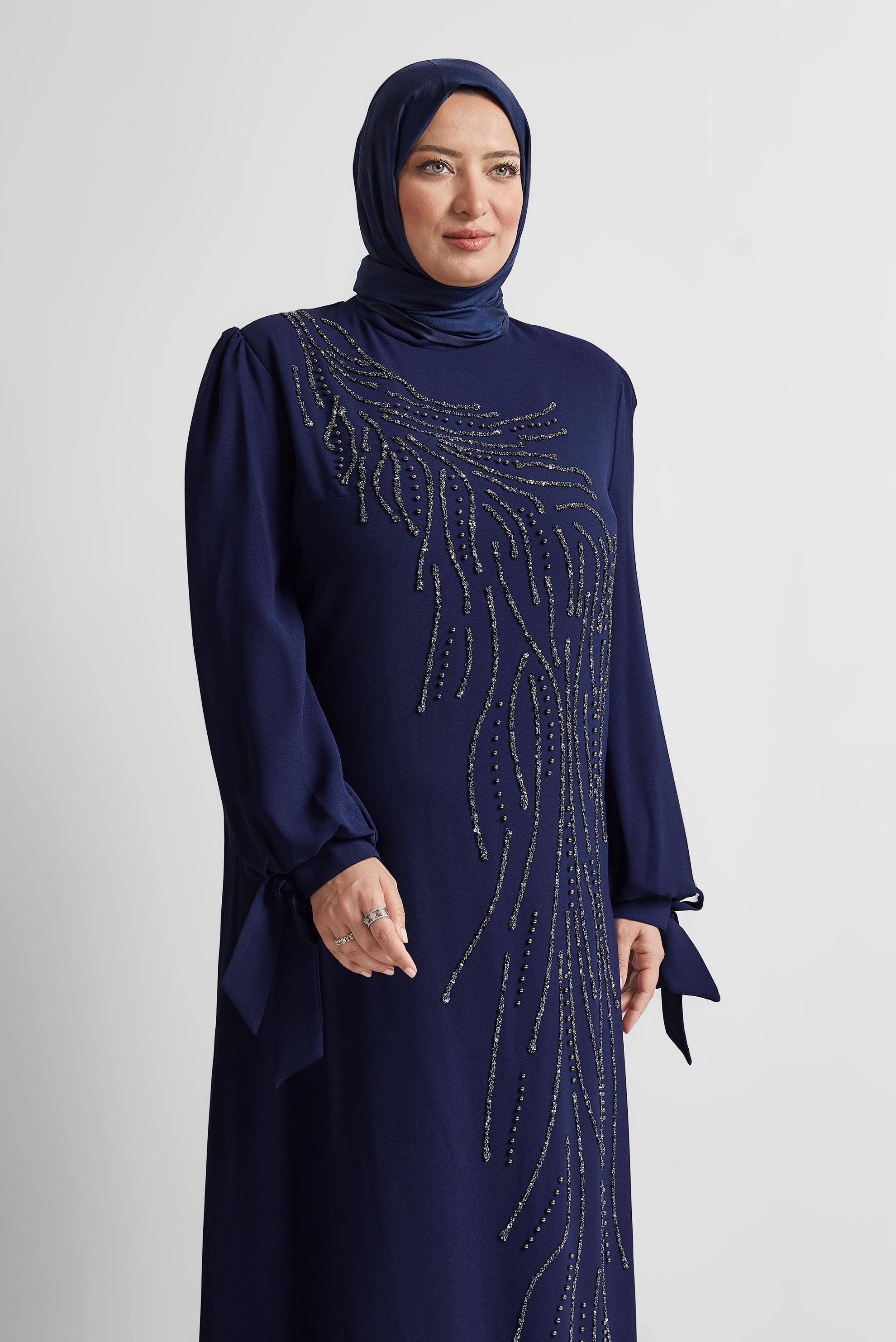 Tesettür giyim LACİVERT BONCUK BASKILI BÜYÜK BEDEN ELBİSE 20700