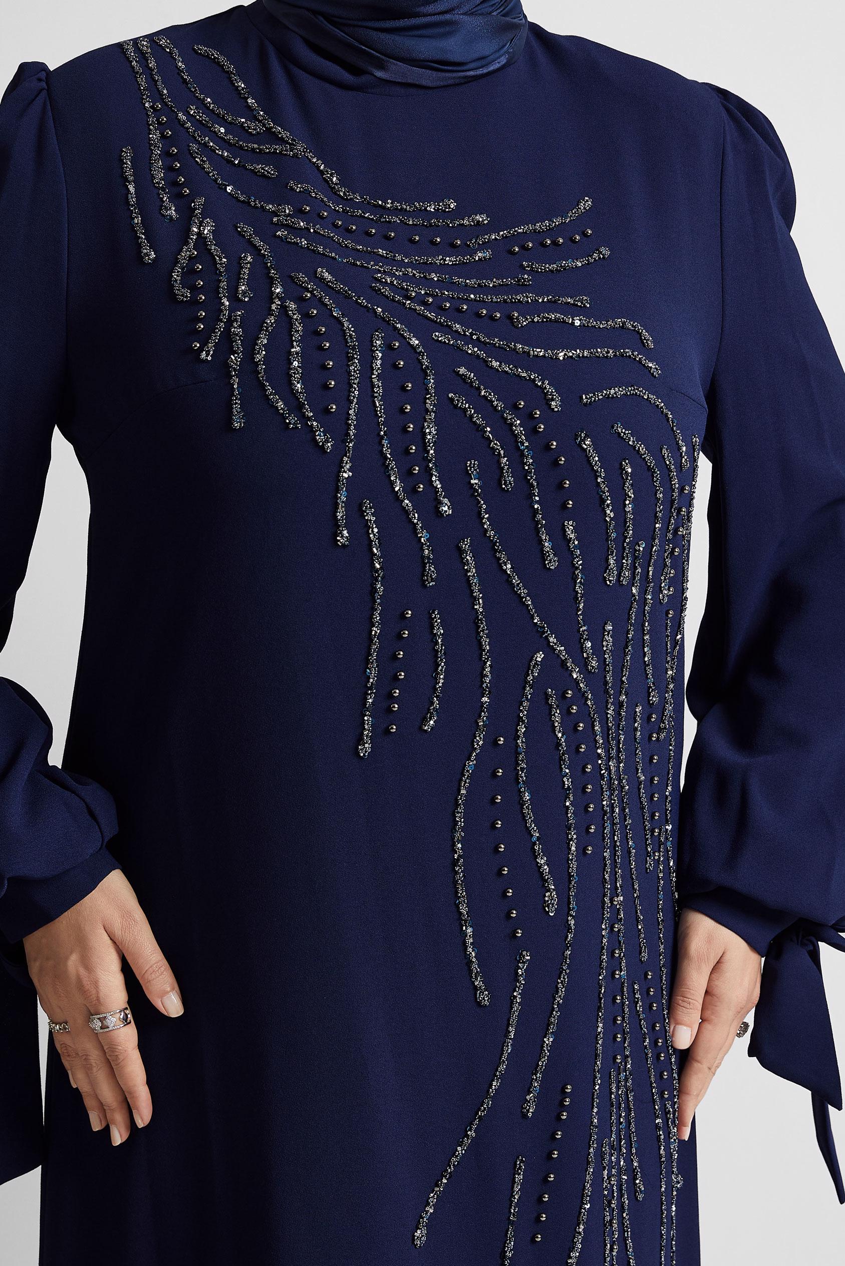 Tesettür giyim LACİVERT BONCUK BASKILI BÜYÜK BEDEN ELBİSE 20700