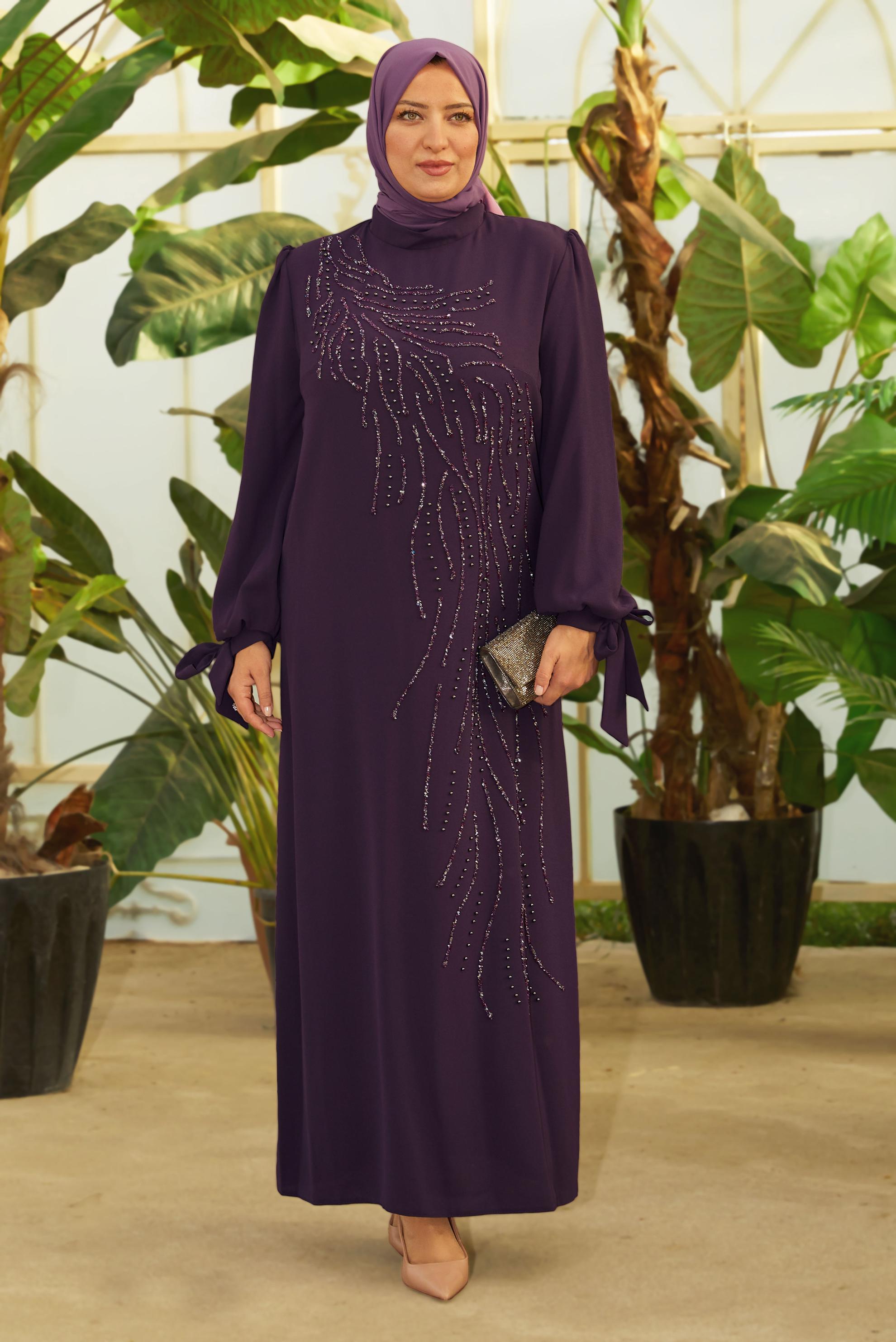 Tesettür giyim PEMBE BONCUK BASKILI BÜYÜK BEDEN ELBİSE 20700