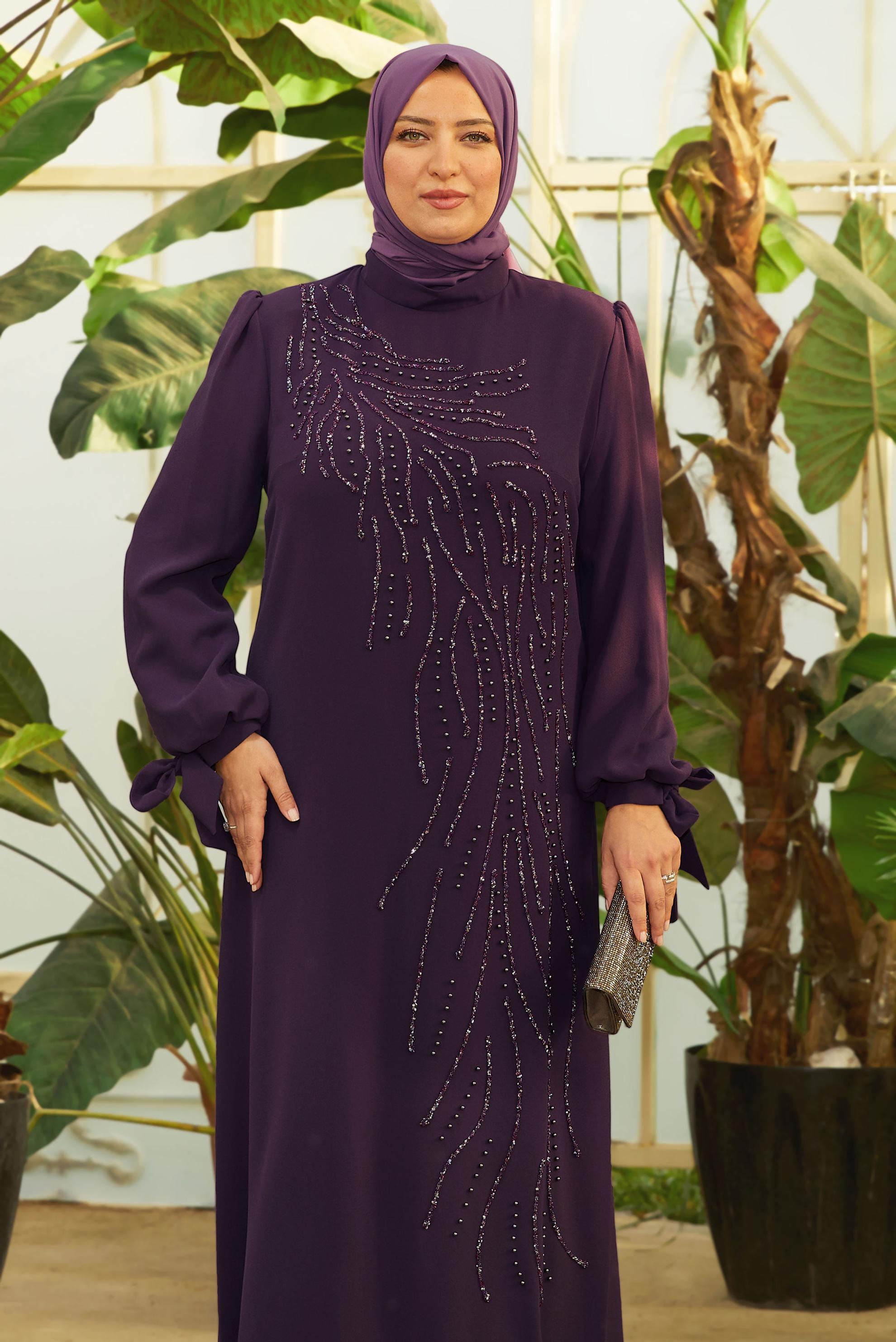 Tesettür giyim PEMBE BONCUK BASKILI BÜYÜK BEDEN ELBİSE 20700