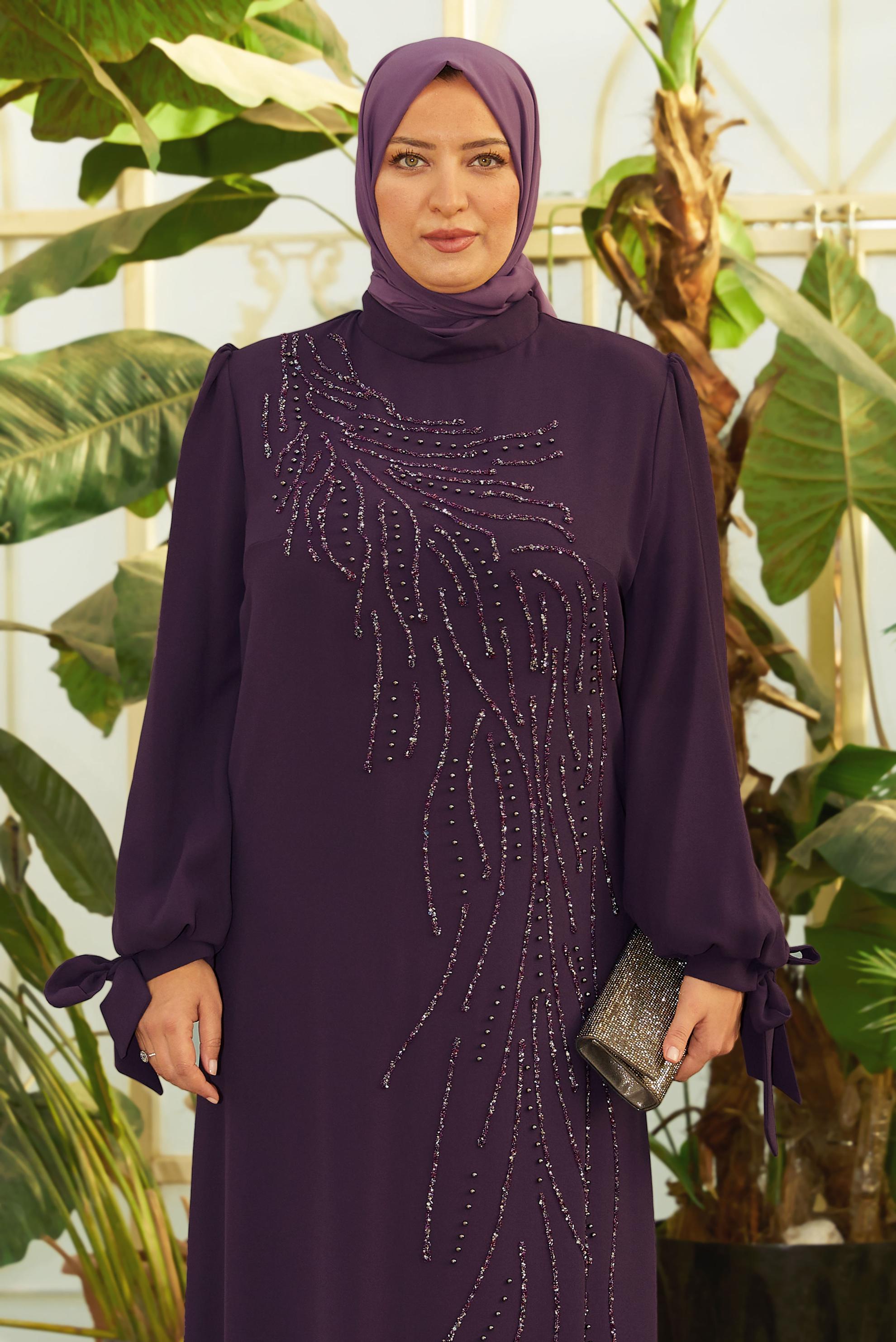 Tesettür giyim PEMBE BONCUK BASKILI BÜYÜK BEDEN ELBİSE 20700