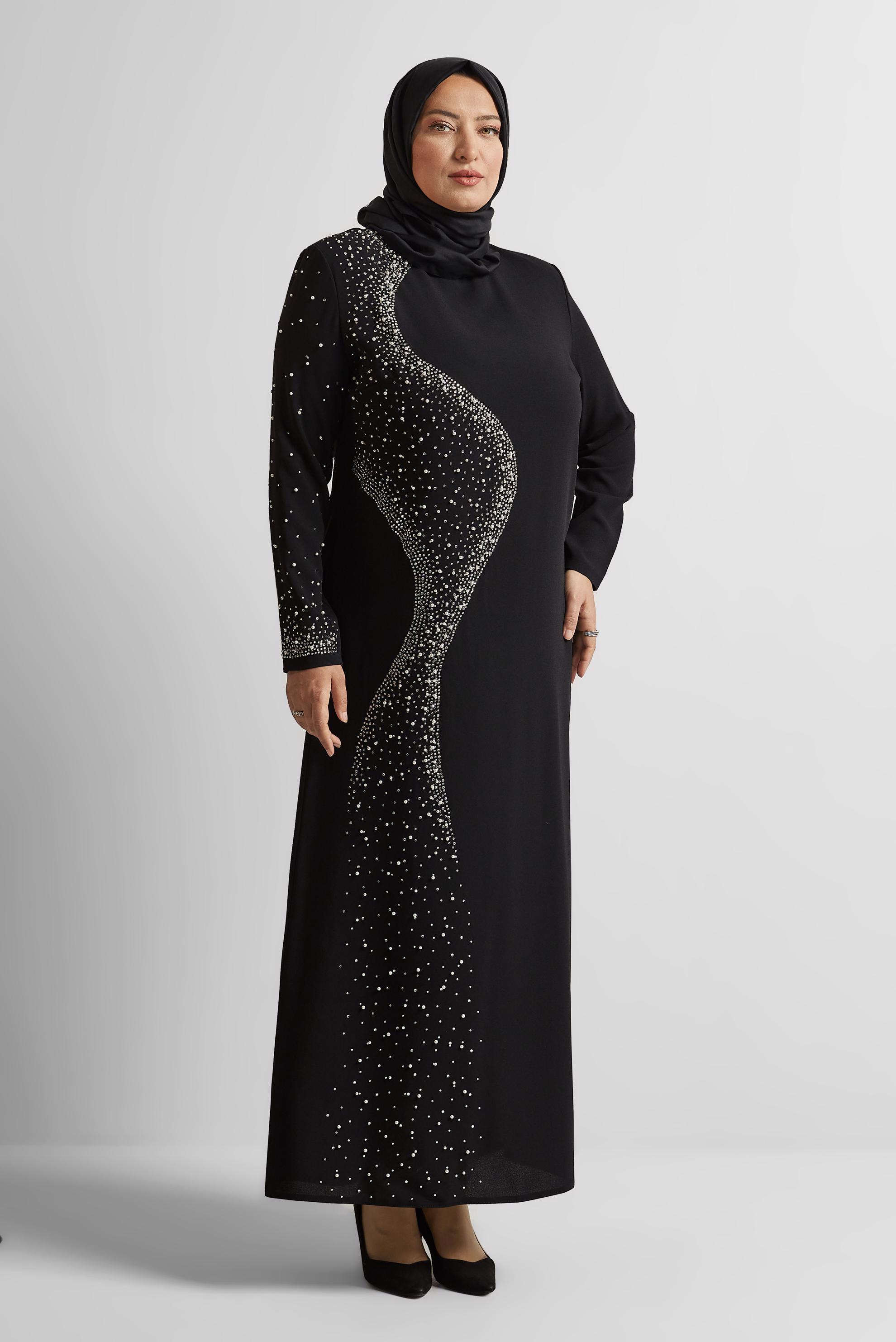 Vêtements hijab NOIR ROBE GRANDE TAILLE AVEC BIJOU 20701