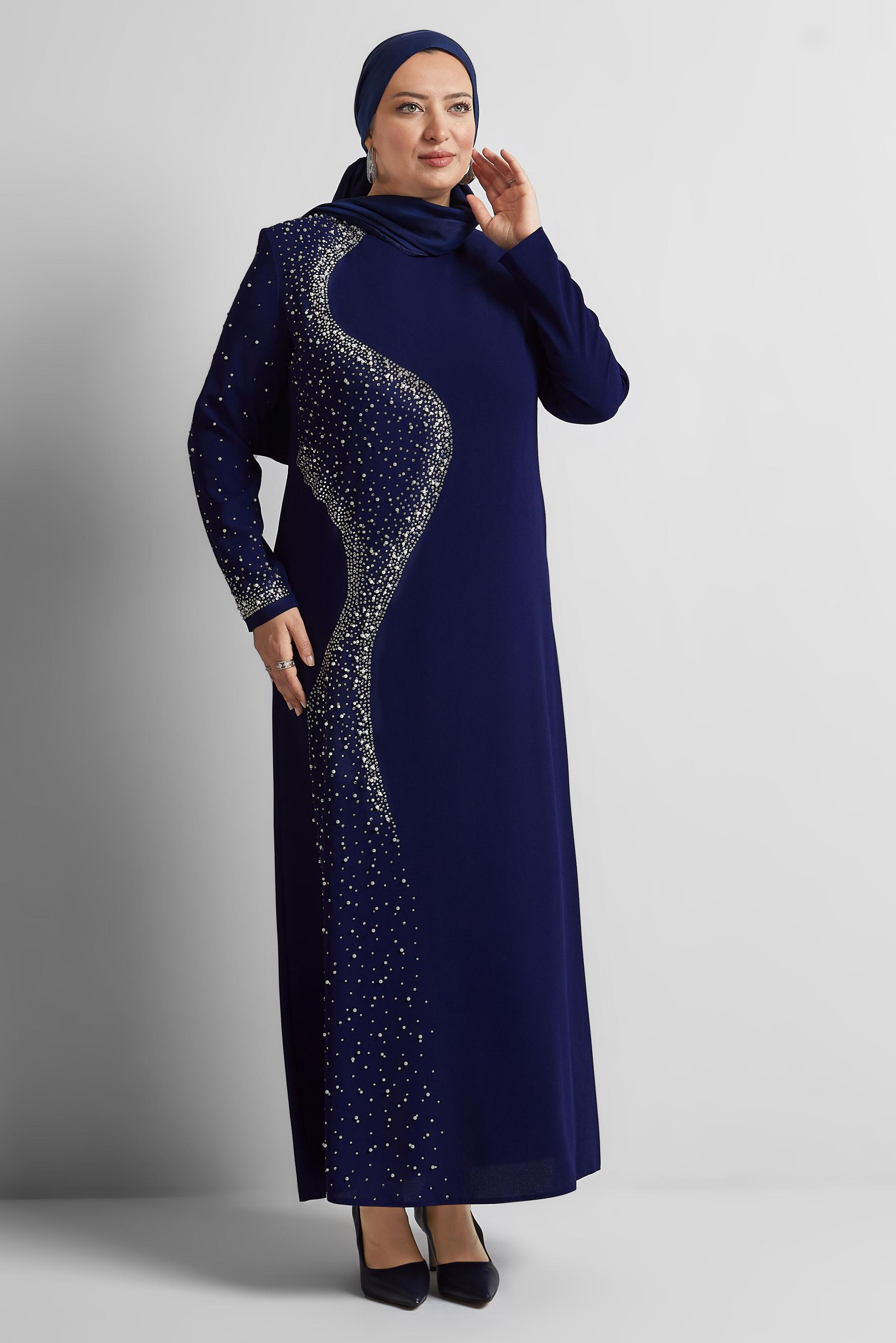 Vêtements hijab BLEU MARINE ROBE GRANDE TAILLE AVEC BIJOU 20701