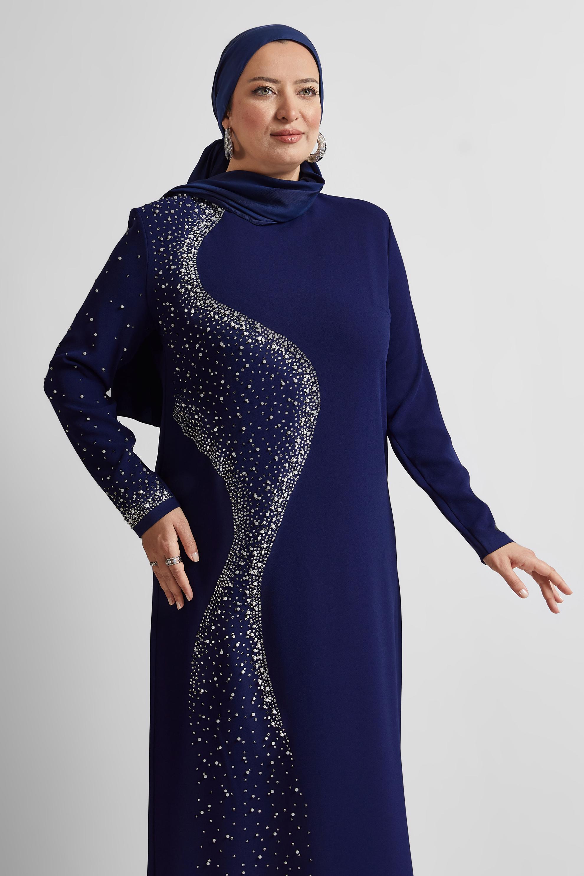 Vêtements hijab BLEU MARINE ROBE GRANDE TAILLE AVEC BIJOU 20701