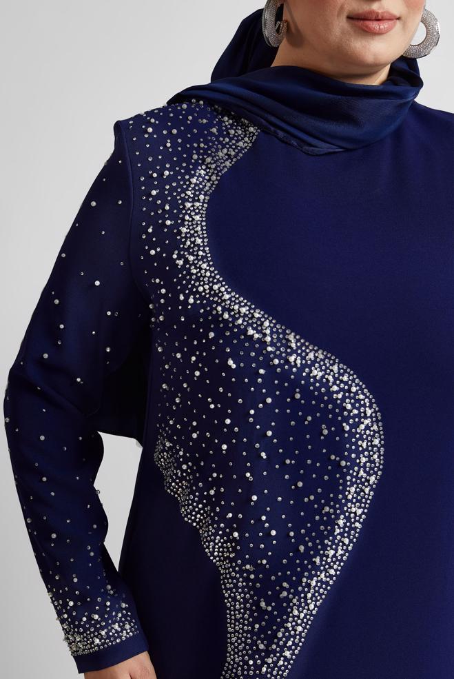 Tesettür giyim LACİVERT TAŞLI BÜYÜK BEDEN ELBİSE 20701 - ALVİNA