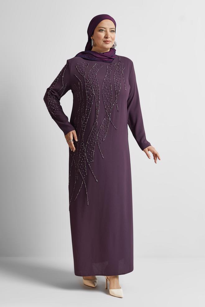 Tesettür giyim MOR TAŞ BASKILI BÜYÜK BEDEN ELBİSE 20702 - ALVİNA