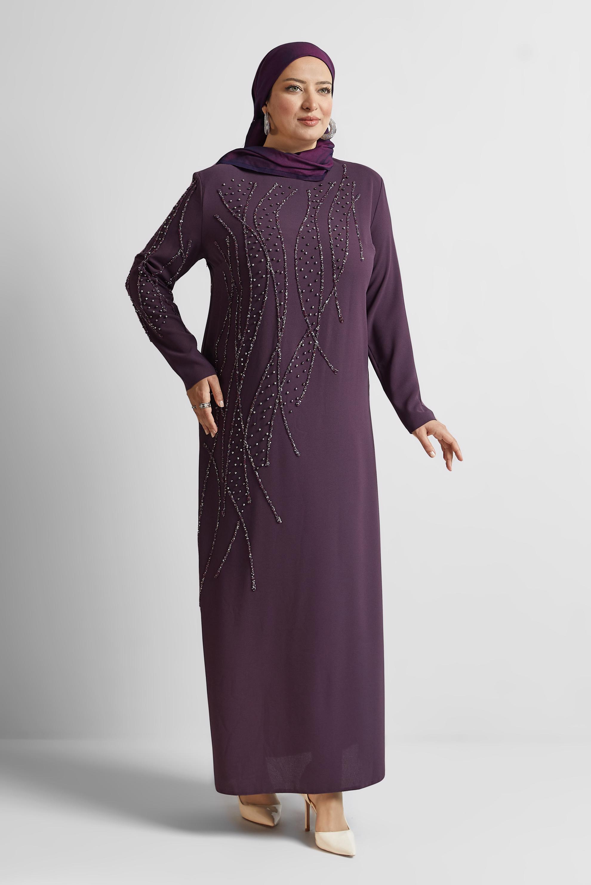 Tesettür giyim MOR TAŞ BASKILI BÜYÜK BEDEN ELBİSE 20702