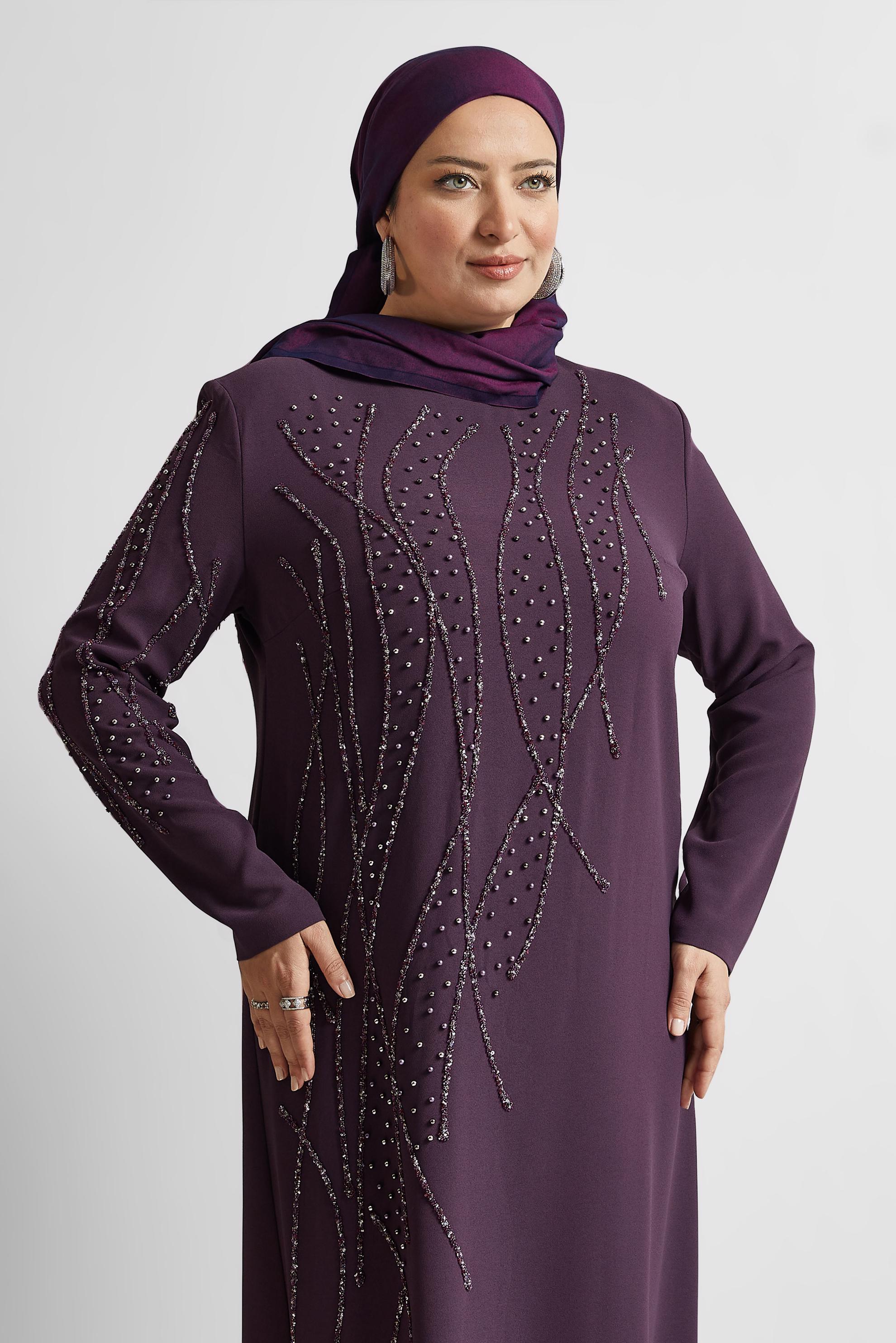 Tesettür giyim MOR TAŞ BASKILI BÜYÜK BEDEN ELBİSE 20702