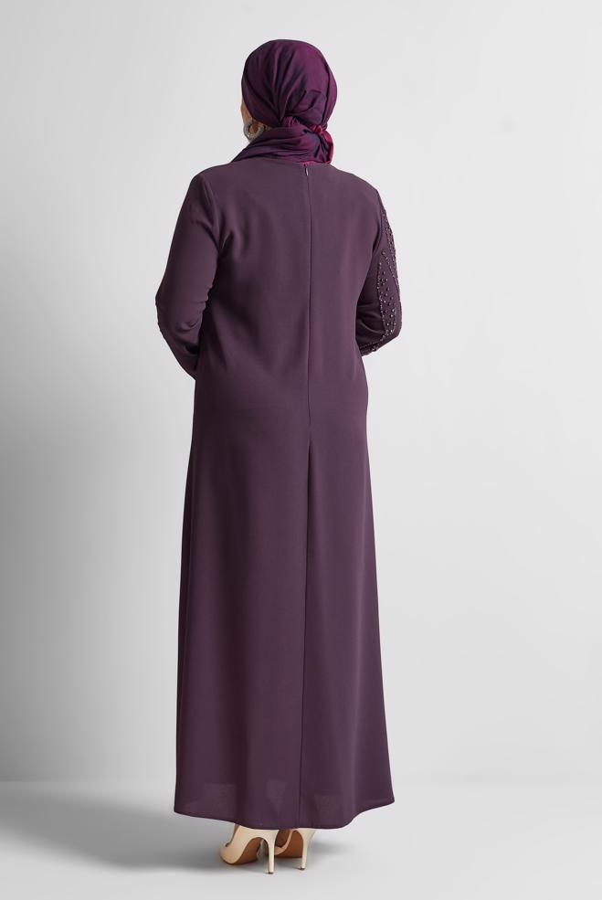 Tesettür giyim MOR TAŞ BASKILI BÜYÜK BEDEN ELBİSE 20702 - ALVİNA