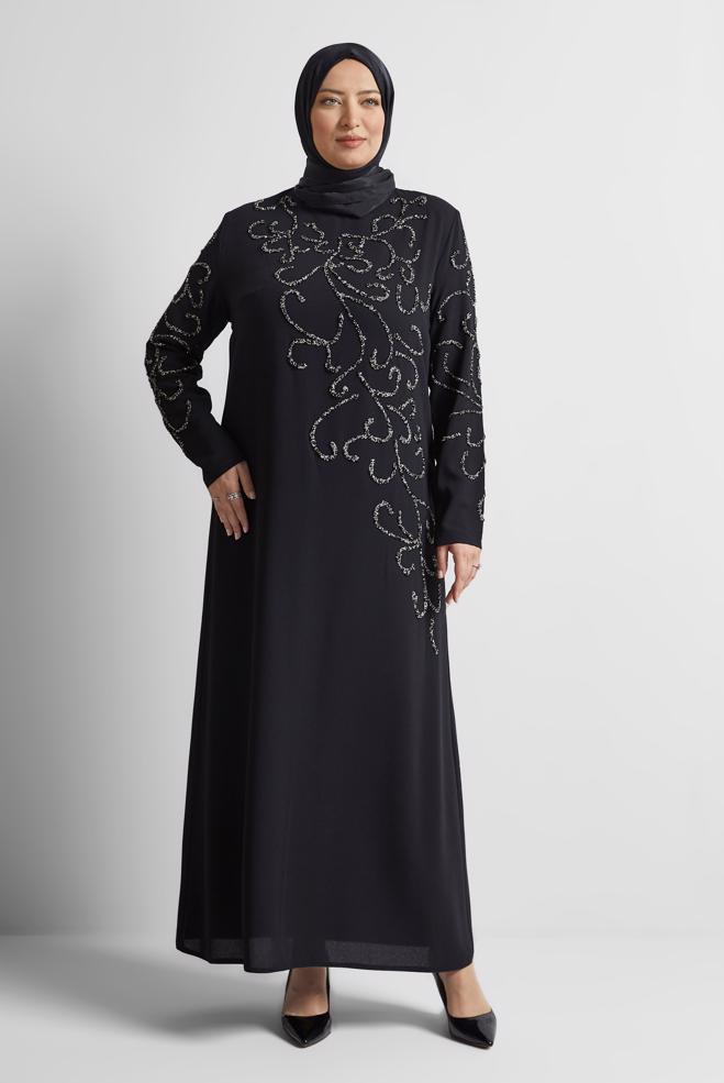 Tesettür giyim SİYAH TAŞLI BÜYÜK BEDEN ELBİSE 20703 - ALVİNA