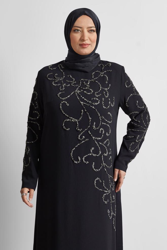 Tesettür giyim SİYAH TAŞLI BÜYÜK BEDEN ELBİSE 20703 - ALVİNA