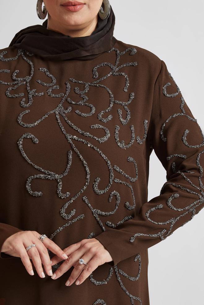 Tesettür giyim KAHVE TAŞLI BÜYÜK BEDEN ELBİSE 20703 - ALVİNA