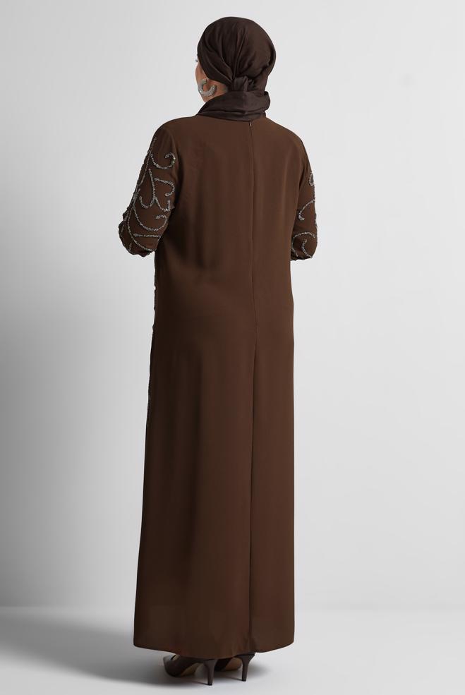 Tesettür giyim KAHVE TAŞLI BÜYÜK BEDEN ELBİSE 20703 - ALVİNA