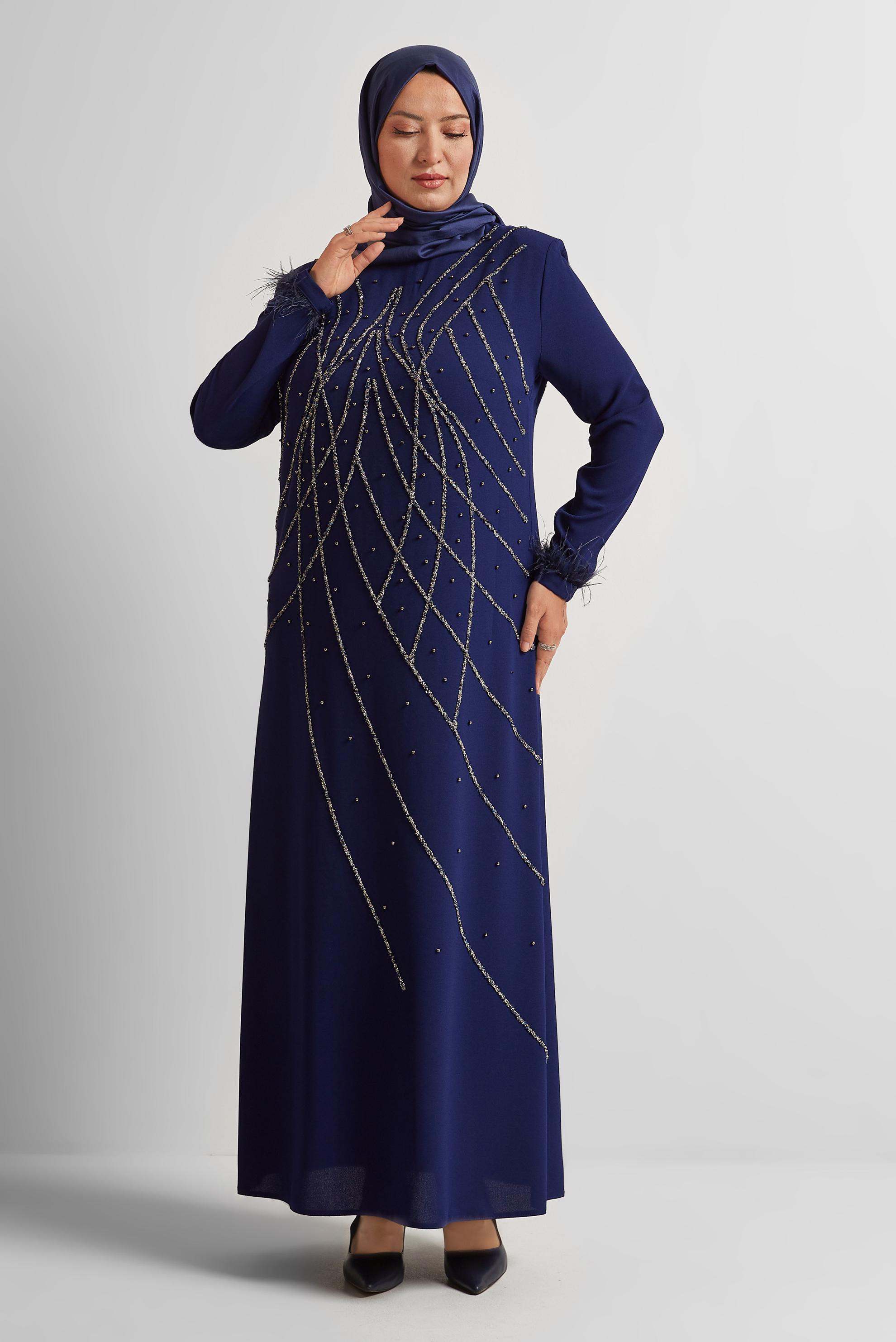 Vêtements hijab BLEU MARINE ROBE AVEC DÉTAILS DE PIERRES PRÉCIEUSES 20705