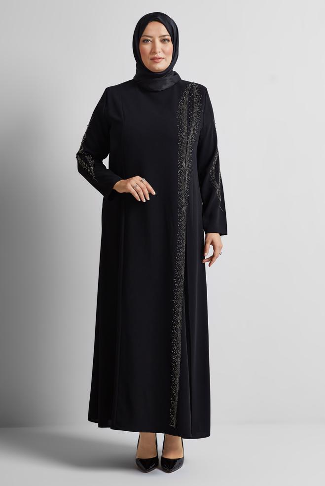 Tesettür giyim SİYAH TAŞ DETAYLI BÜYÜK BEDEN ELBİSE 20718 - ALVİNA