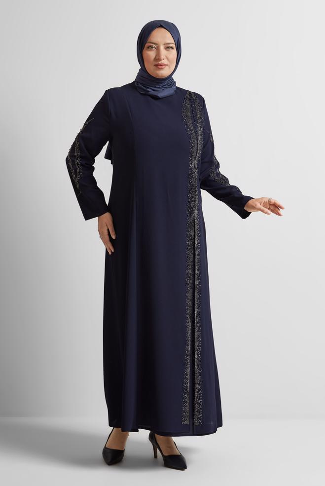 Tesettür giyim LACİVERT TAŞ DETAYLI BÜYÜK BEDEN ELBİSE 20718 - ALVİNA