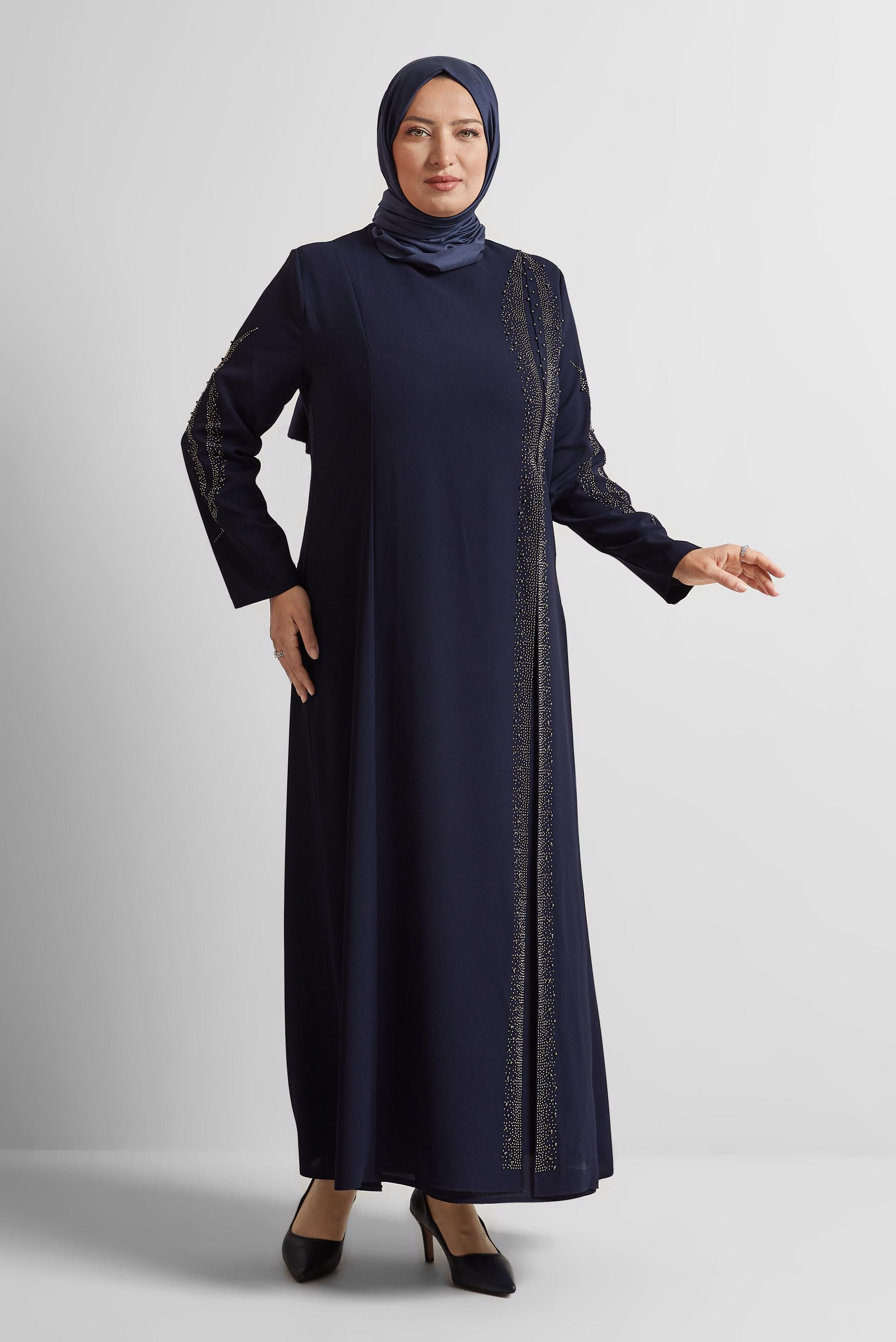 Tesettür giyim LACİVERT TAŞ DETAYLI BÜYÜK BEDEN ELBİSE 20718