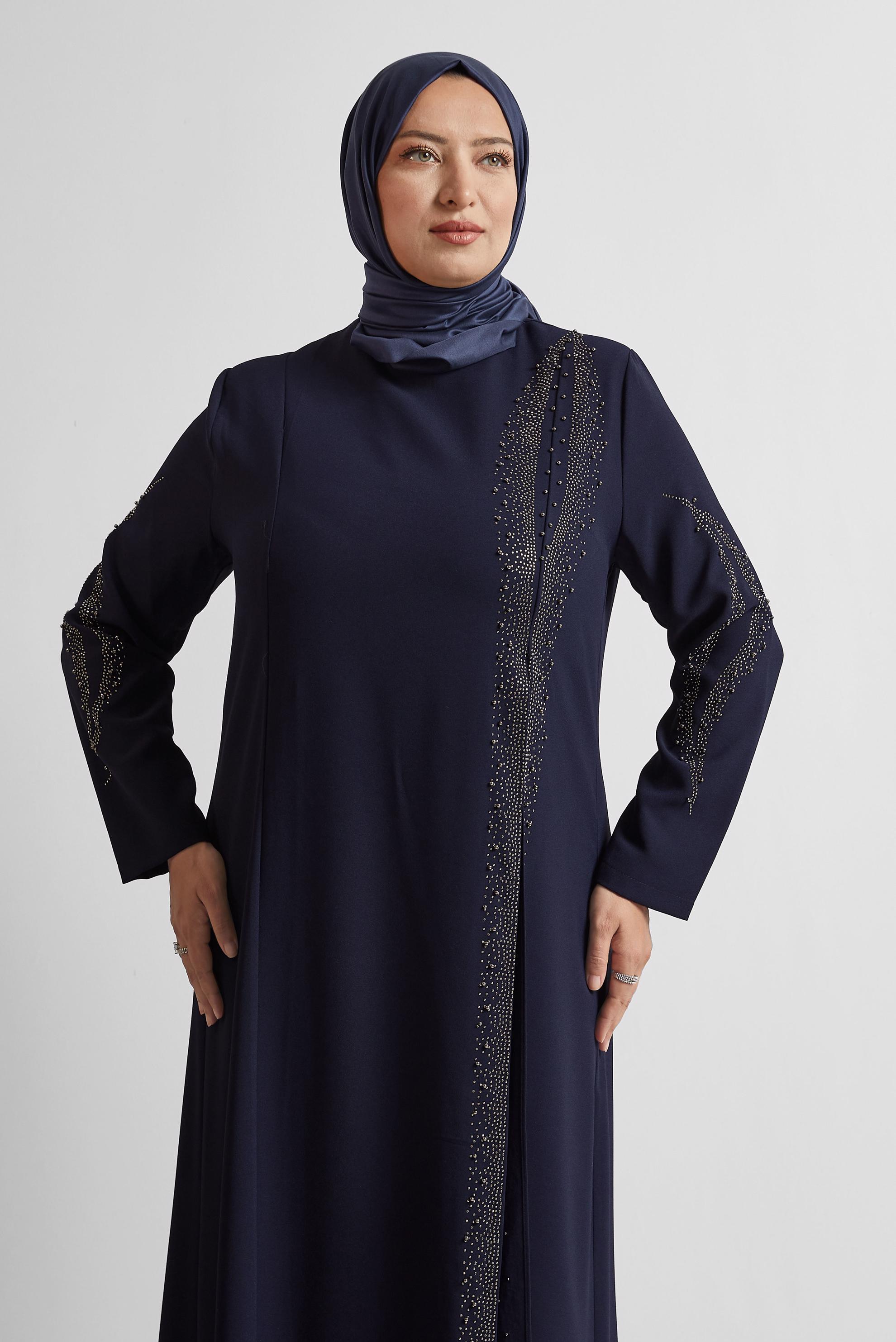 Tesettür giyim LACİVERT TAŞ DETAYLI BÜYÜK BEDEN ELBİSE 20718