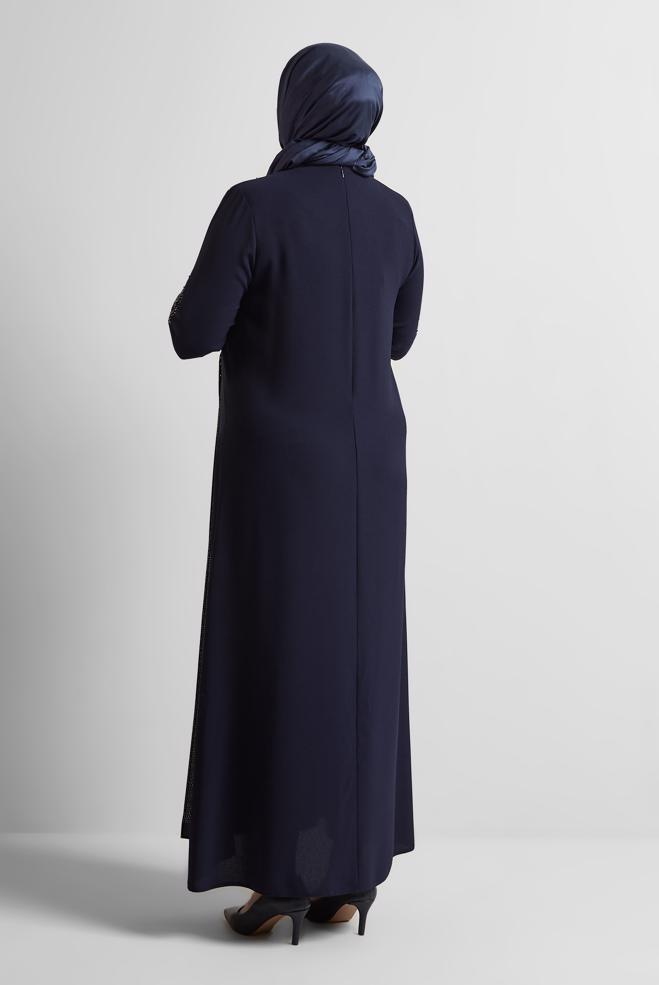 Tesettür giyim LACİVERT TAŞ DETAYLI BÜYÜK BEDEN ELBİSE 20718 - ALVİNA