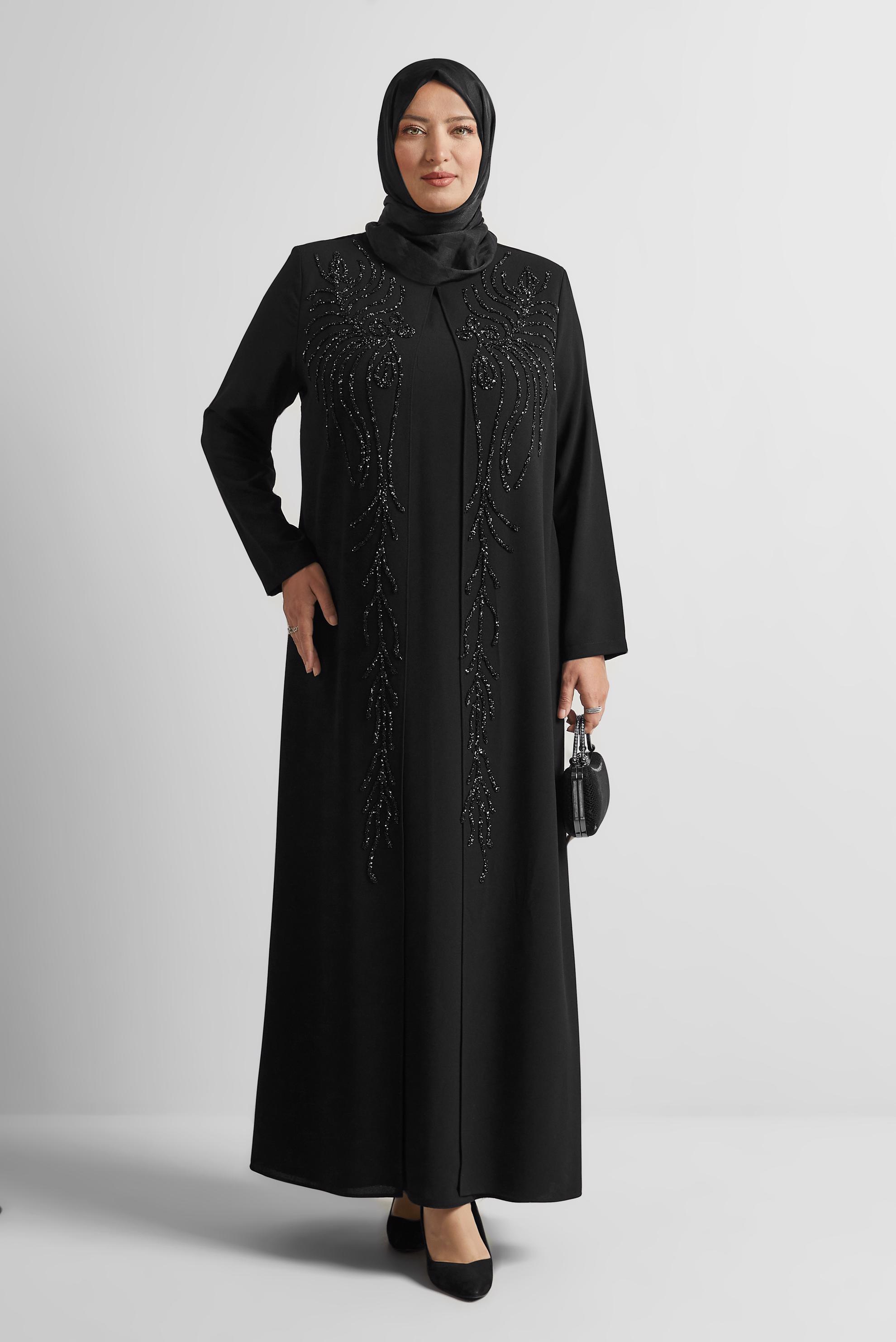Vêtements hijab NOIR ROBE BRODÉE DE PIERRES PRÉCIEUSES 20719