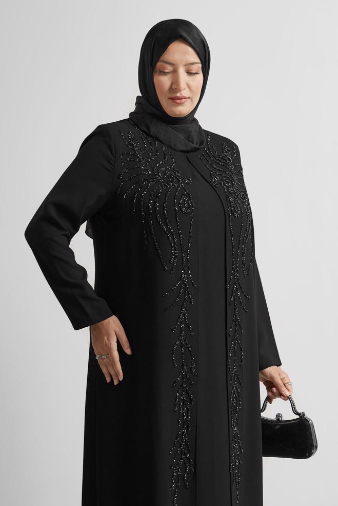 Tesettür giyim SİYAH TAŞ BASKILI BÜYÜK BEDEN ELBİSE 20719 - ALVİNA