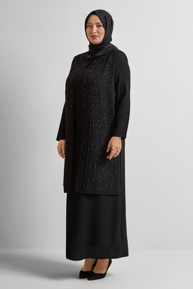 Tesettür giyim SİYAH TAŞ BASKILI BÜYÜK BEDEN ELBİSE 20721 - ALVİNA