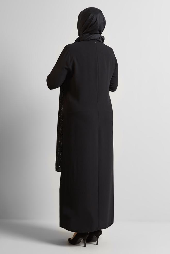 Tesettür giyim SİYAH TAŞ BASKILI BÜYÜK BEDEN ELBİSE 20721 - ALVİNA