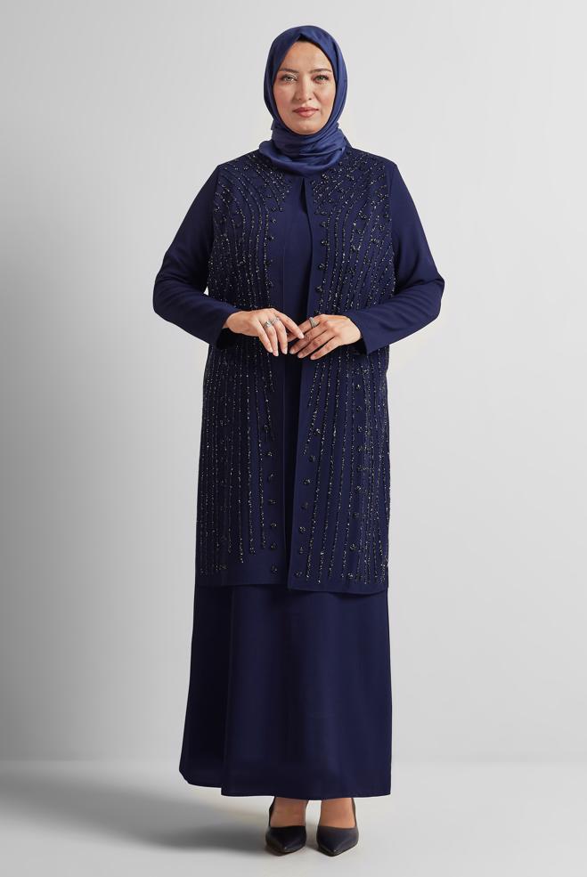 Tesettür giyim LACİVERT TAŞ BASKILI BÜYÜK BEDEN ELBİSE 20721 - ALVİNA
