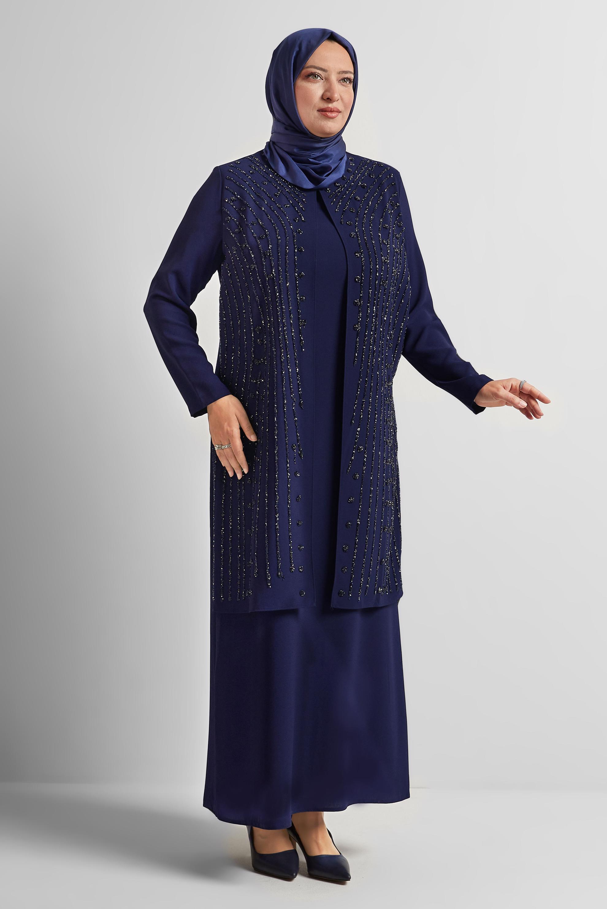 Tesettür giyim LACİVERT TAŞ BASKILI BÜYÜK BEDEN ELBİSE 20721