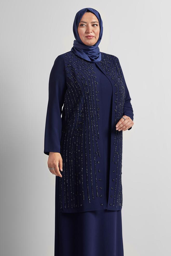 Tesettür giyim LACİVERT TAŞ BASKILI BÜYÜK BEDEN ELBİSE 20721 - ALVİNA