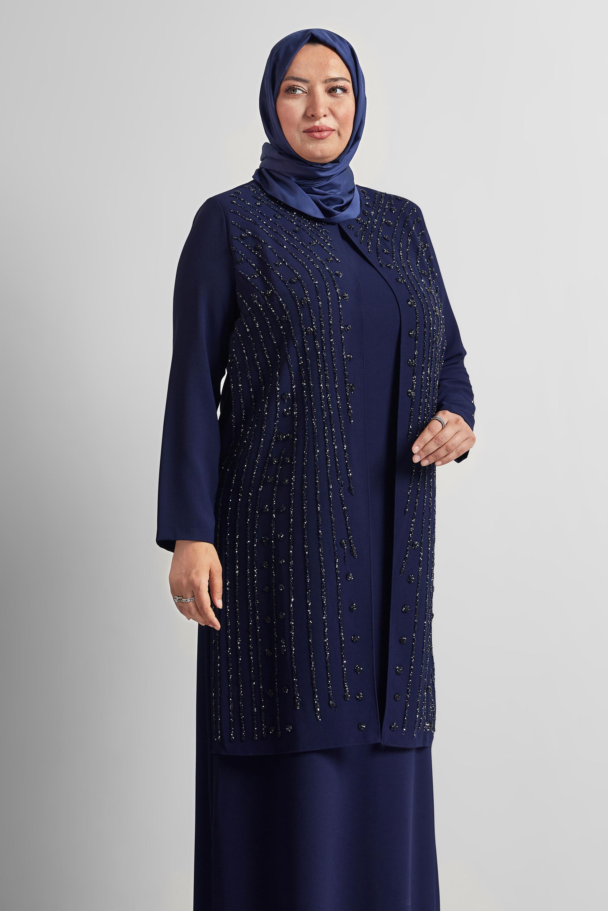 Tesettür giyim LACİVERT TAŞ BASKILI BÜYÜK BEDEN ELBİSE 20721