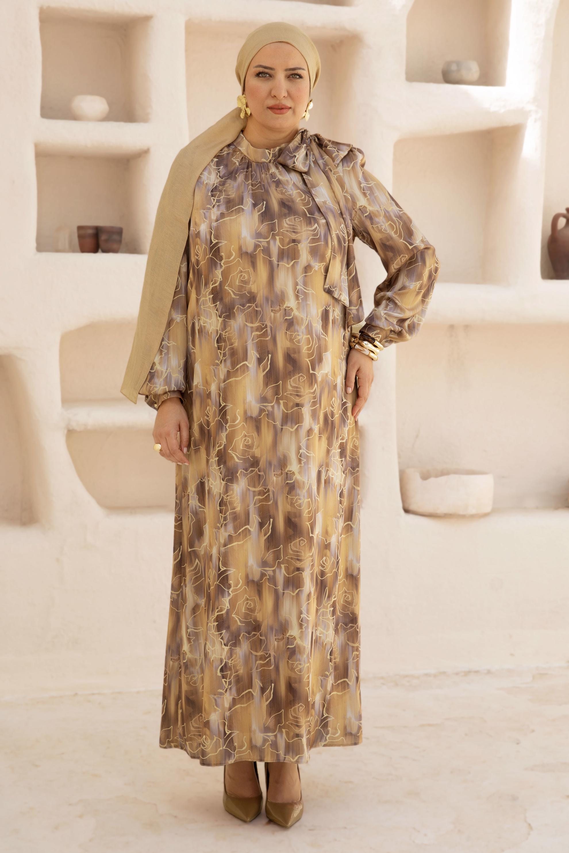 Vêtements hijab CUIVRE / BRONZE ROBE EN SATIN À MOTIFS 20725