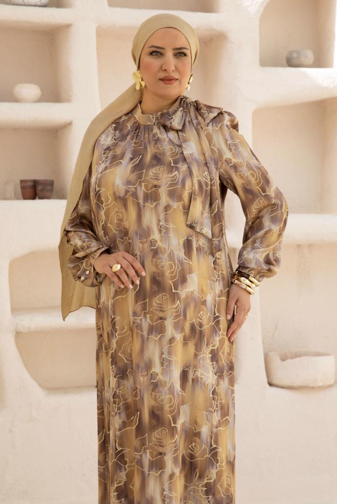 Tesettür giyim BAKIR / BRONZ DESENLİ BÜYÜK BEDEN SATEN ELBİSE 20725 - ALVİNA