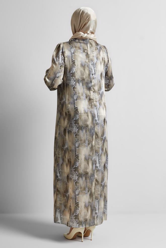 Tesettür giyim VİZON DESENLİ BÜYÜK BEDEN SATEN ELBİSE 20725 - ALVİNA