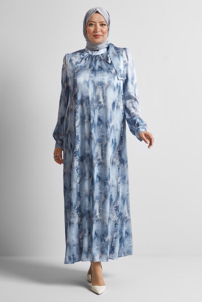 Tesettür giyim LACİVERT DESENLİ BÜYÜK BEDEN SATEN ELBİSE 20725 - ALVİNA