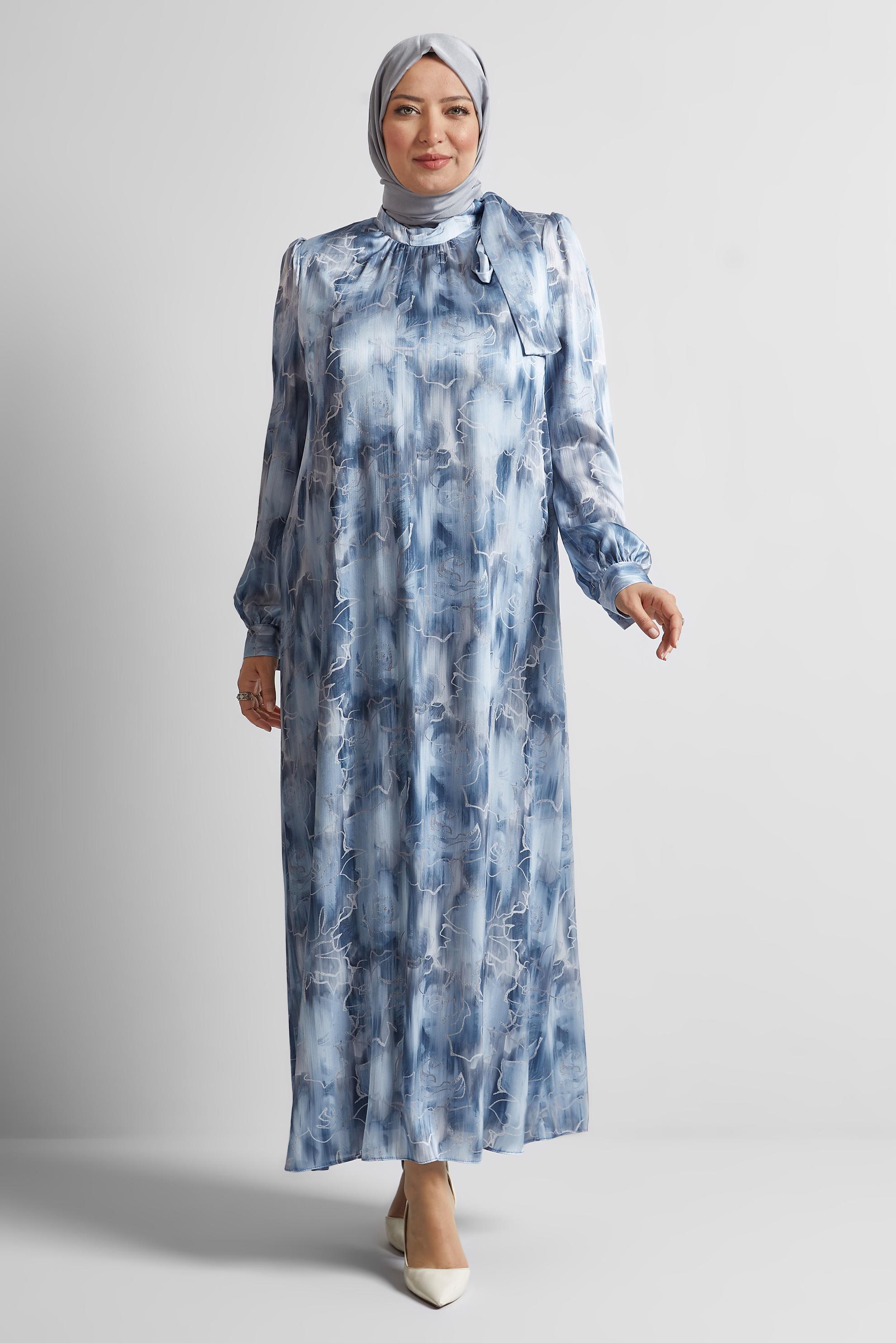 Tesettür giyim LACİVERT DESENLİ BÜYÜK BEDEN SATEN ELBİSE 20725