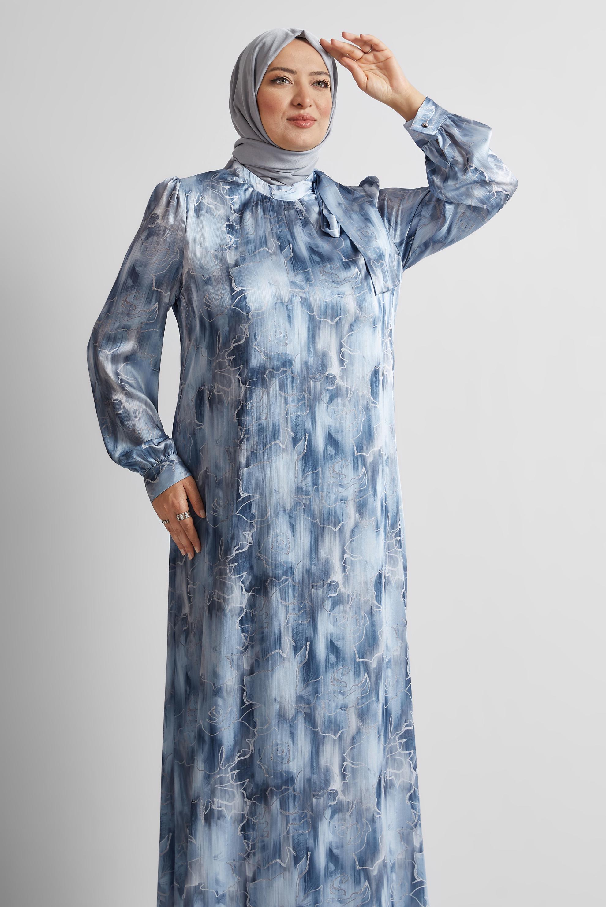 Tesettür giyim LACİVERT DESENLİ BÜYÜK BEDEN SATEN ELBİSE 20725