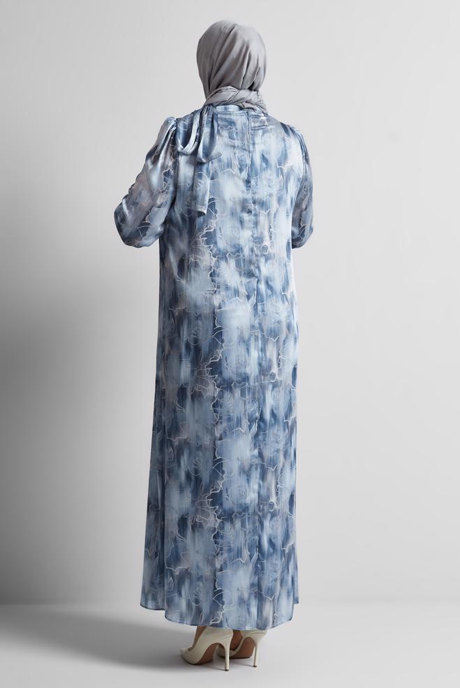 Tesettür giyim LACİVERT DESENLİ BÜYÜK BEDEN SATEN ELBİSE 20725 - ALVİNA