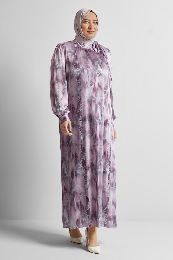 Tesettür giyim PEMBE DESENLİ BÜYÜK BEDEN SATEN ELBİSE 20725 - ALVİNA
