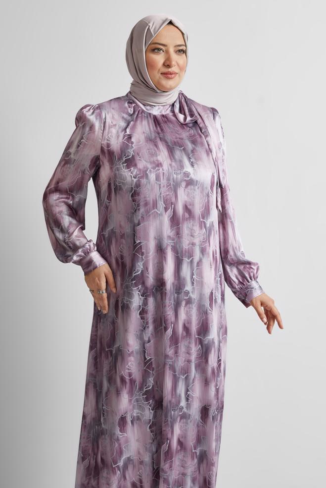 Tesettür giyim PEMBE DESENLİ BÜYÜK BEDEN SATEN ELBİSE 20725 - ALVİNA