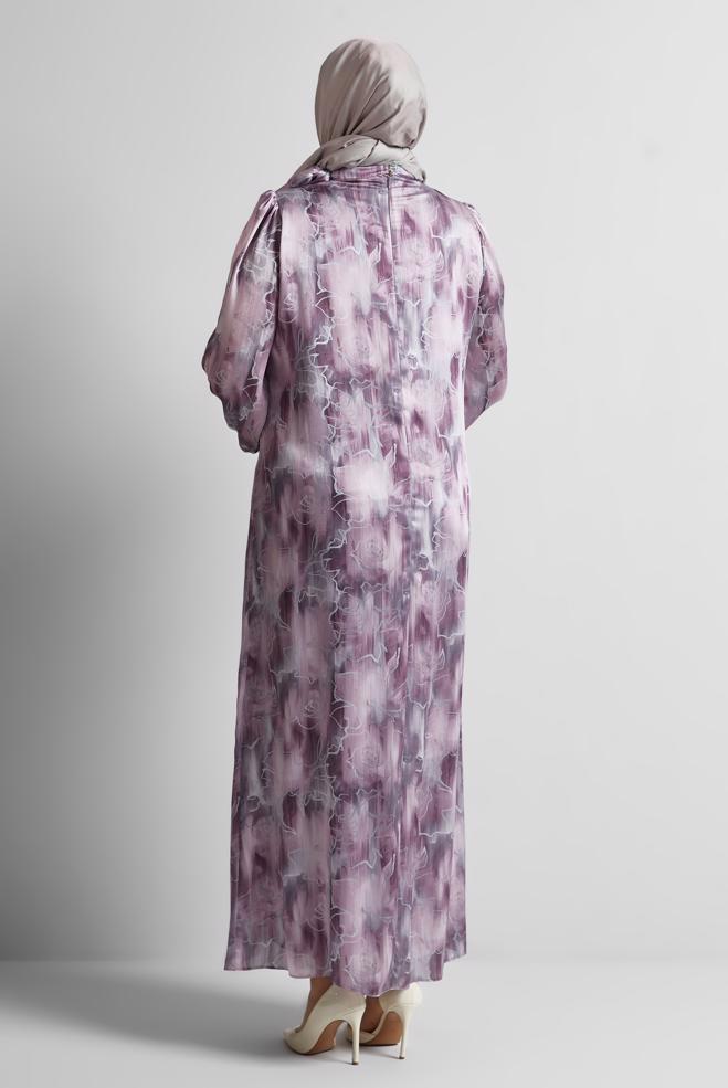 Tesettür giyim PEMBE DESENLİ BÜYÜK BEDEN SATEN ELBİSE 20725 - ALVİNA