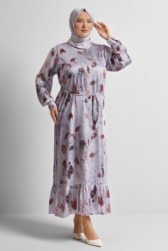 Tesettür giyim BORDO BÜYÜK BEDEN SATEN ELBİSE 20727 - ALVİNA