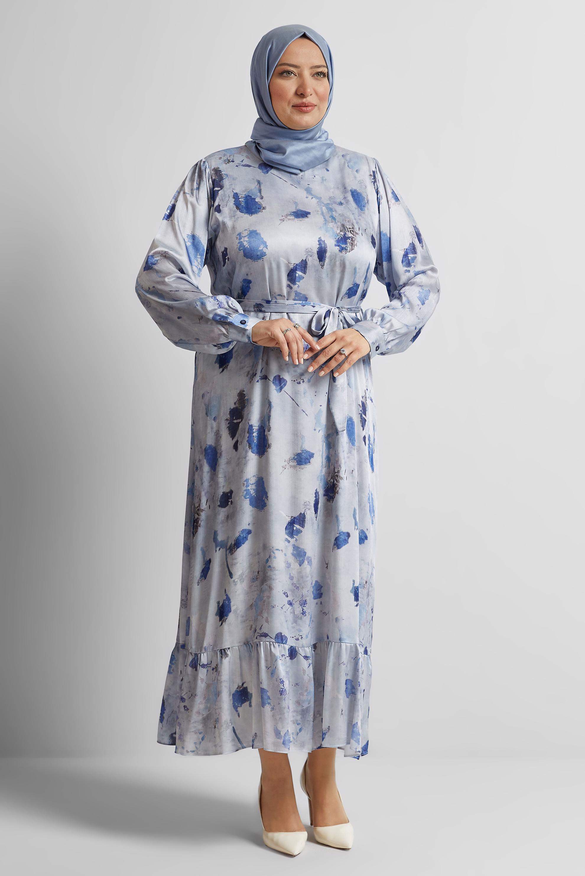 Vêtements hijab BLEU MARINE ROBE EN SATIN À MOTIFS 20727