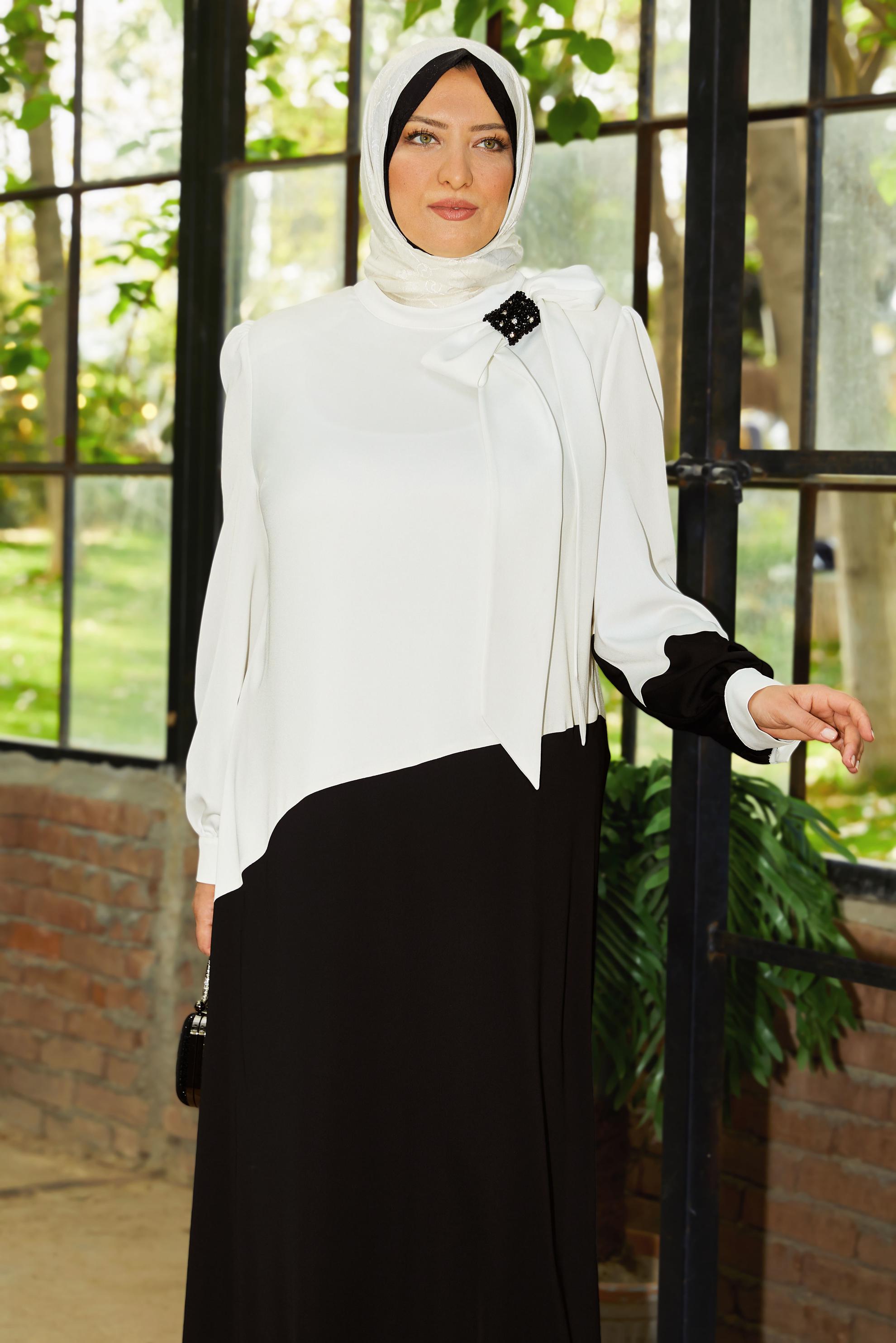 Hijab clothing WHITE DOUBLE COLORED SATIN DRESS 20749