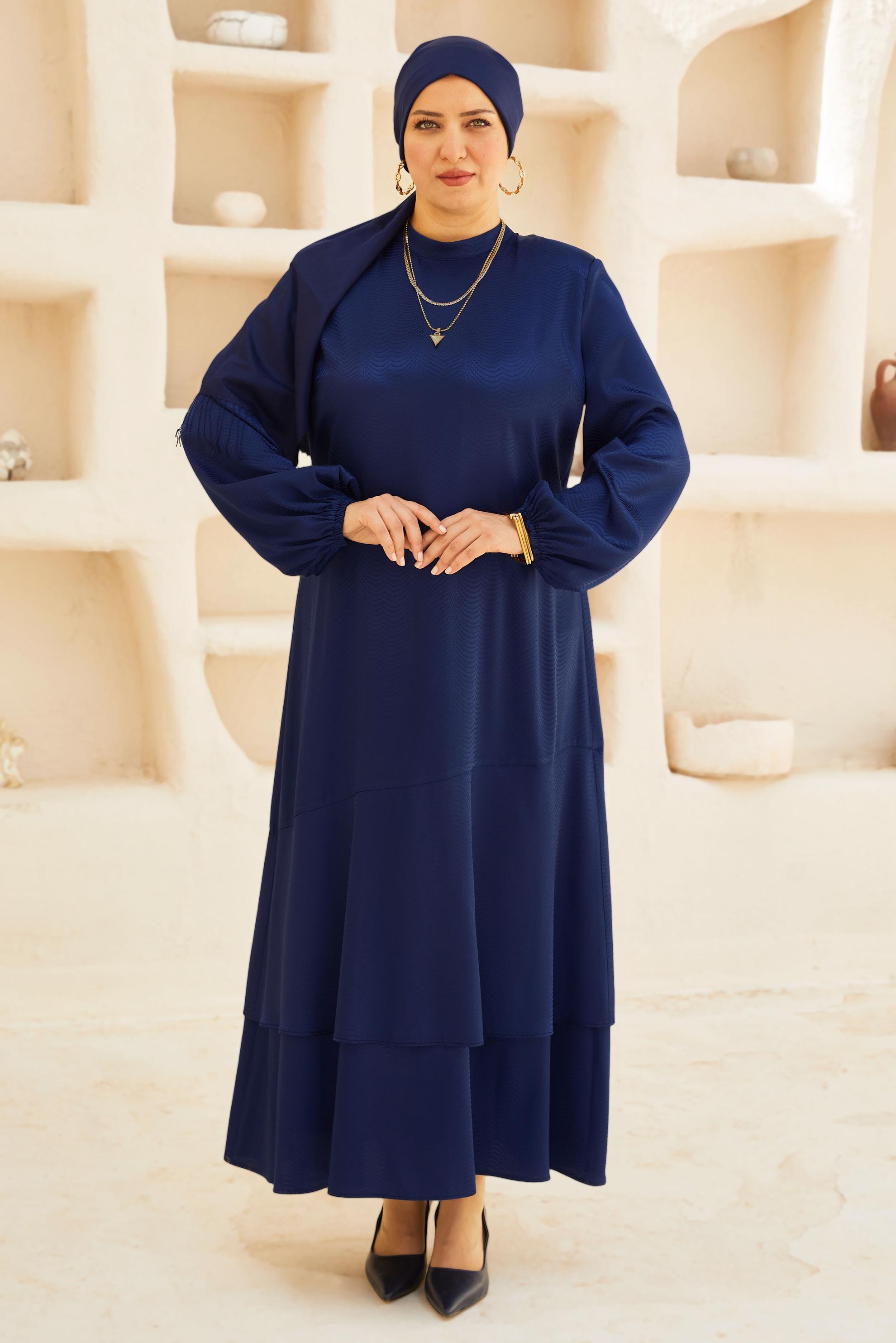 Hijab clothing NAVY BLUE BELTED SATIN JACQUARD DRESS 20779
