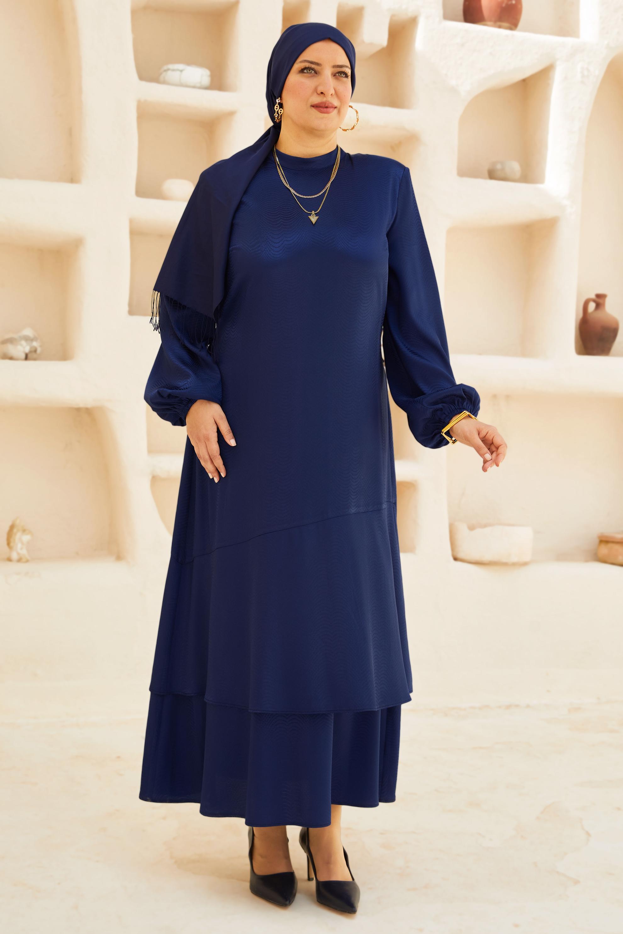 Hijab clothing NAVY BLUE BELTED SATIN JACQUARD DRESS 20779