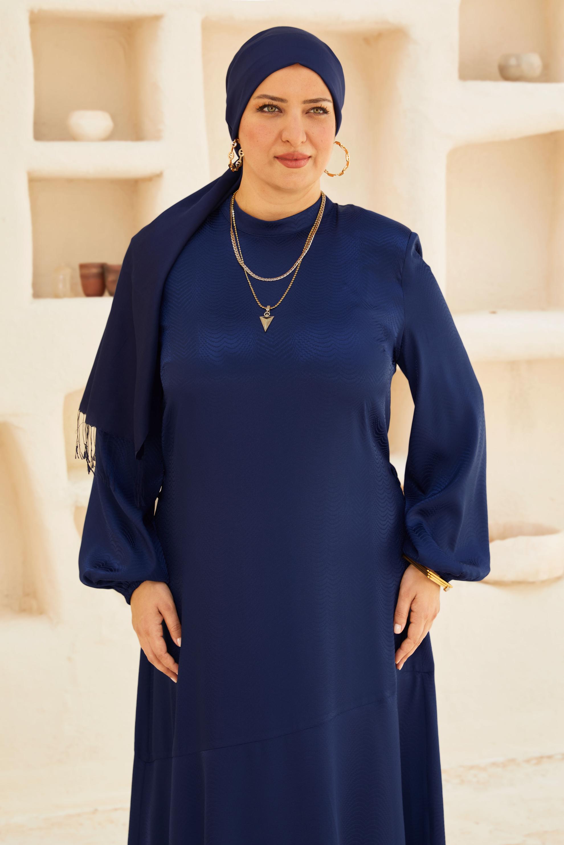 Hijab clothing NAVY BLUE BELTED SATIN JACQUARD DRESS 20779