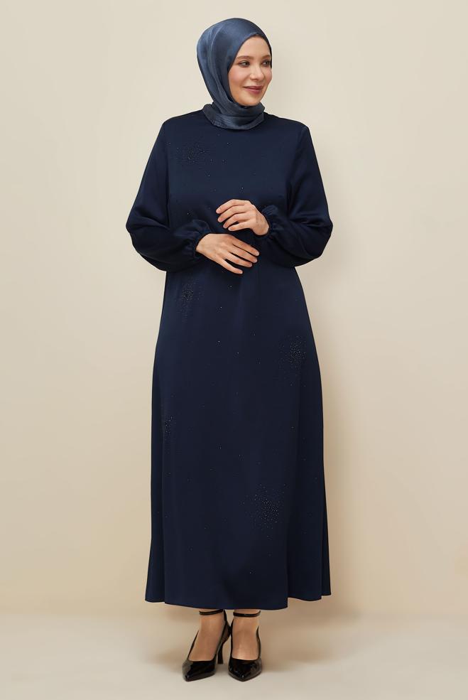 Vêtements hijab BLEU MARINE ROBE EN SATIN GRANDE TAILLE 20785 - ALVİNA