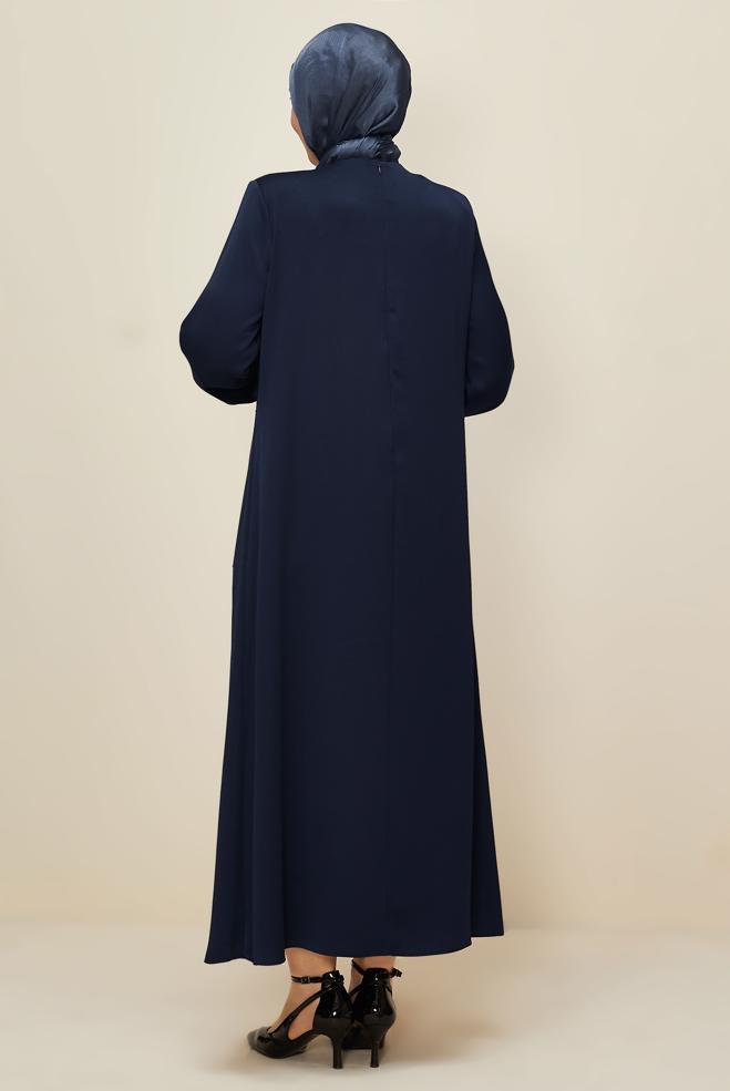 Vêtements hijab BLEU MARINE ROBE EN SATIN GRANDE TAILLE 20785 - ALVİNA