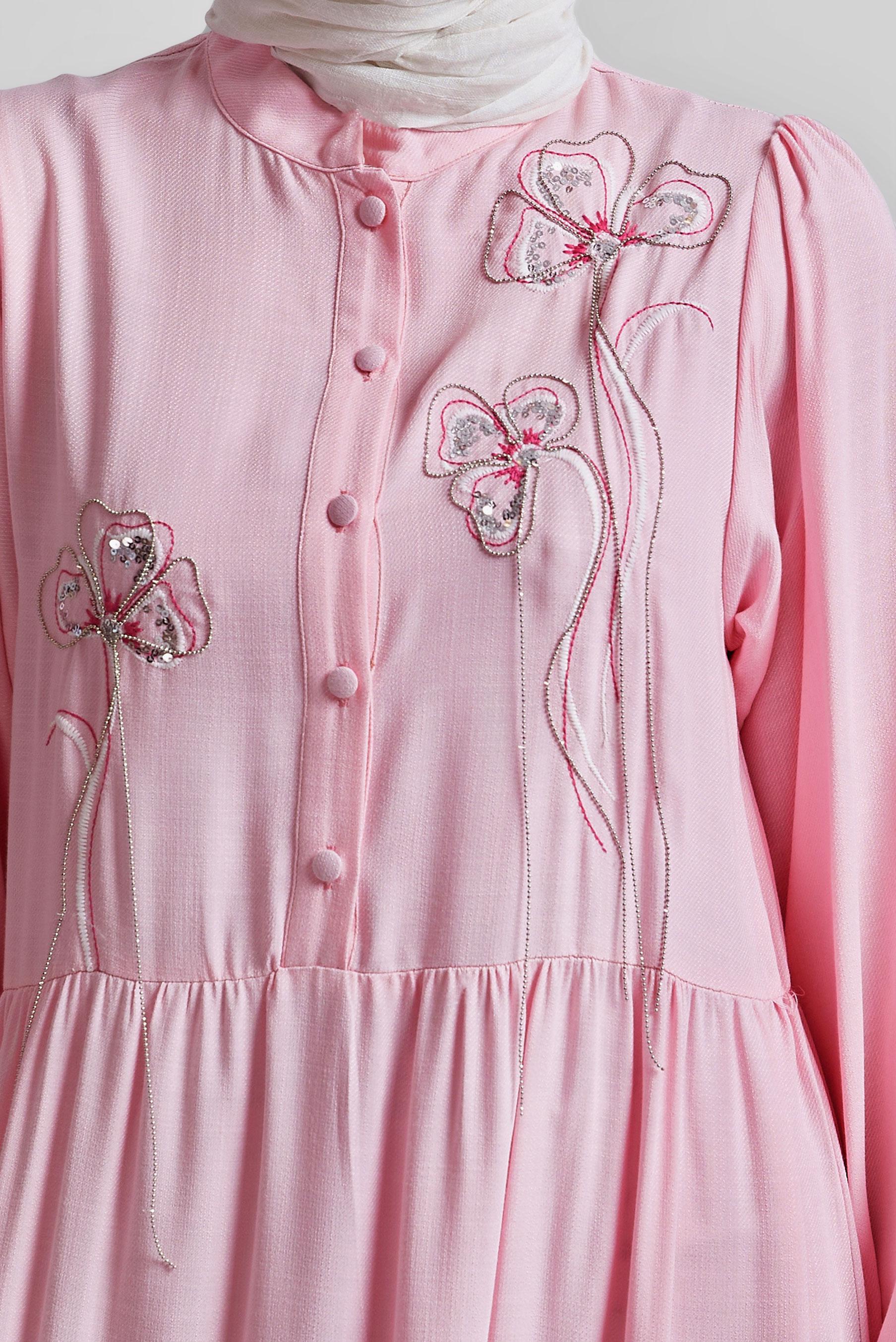 Tesettür giyim PEMBE NAKIŞ DETAYLI ELBİSE 44665